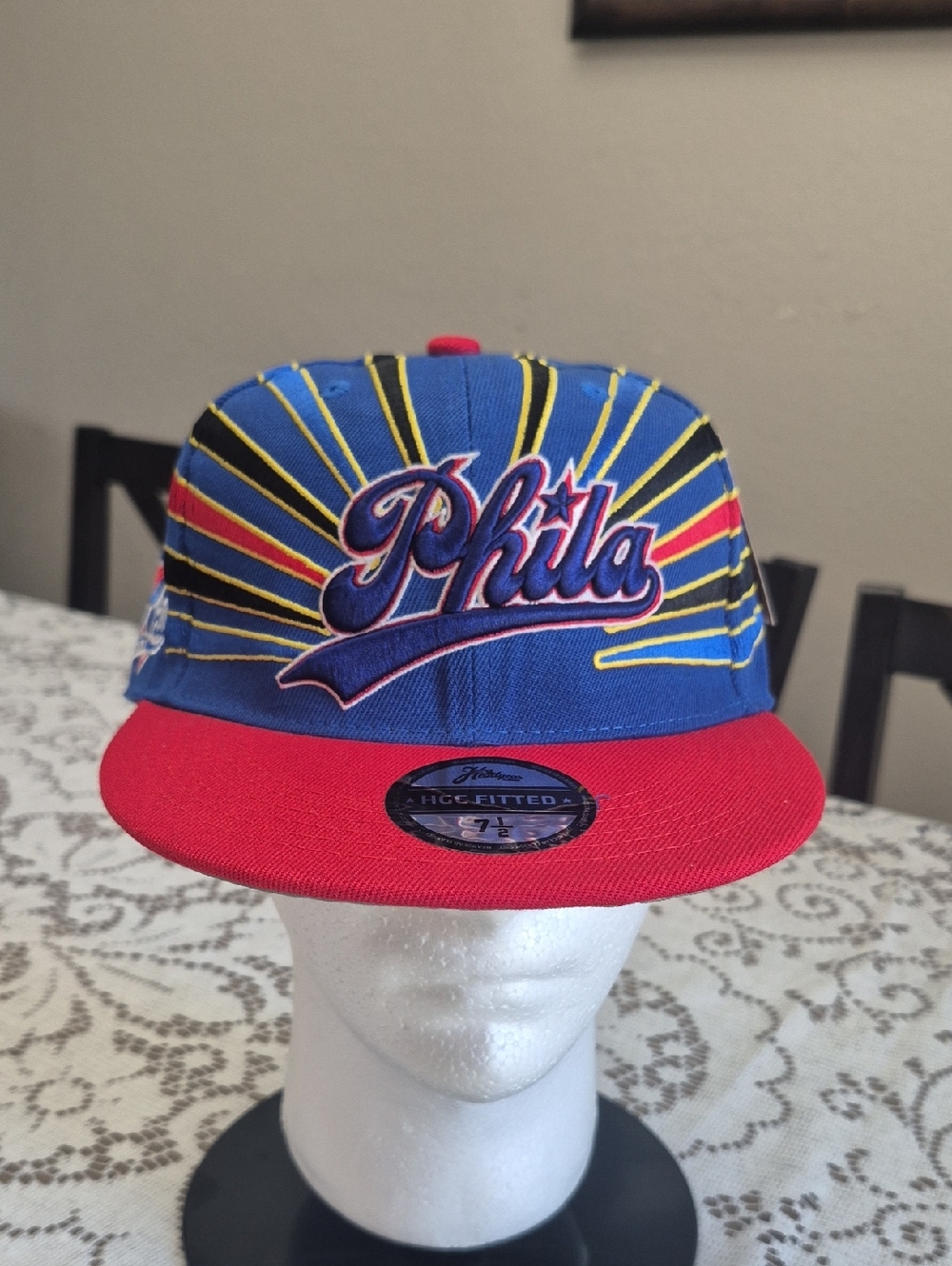 Phila Embroidered Fitted Hat in Blue and Red